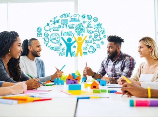 A diverse group of mental health professionals, including therapists, social workers, and counselors, collaborating at a table filled with symbols of community and family support, representing teamwork in children's mental health.