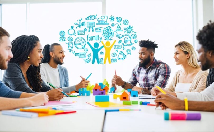 A diverse group of mental health professionals, including therapists, social workers, and counselors, collaborating at a table filled with symbols of community and family support, representing teamwork in children's mental health.