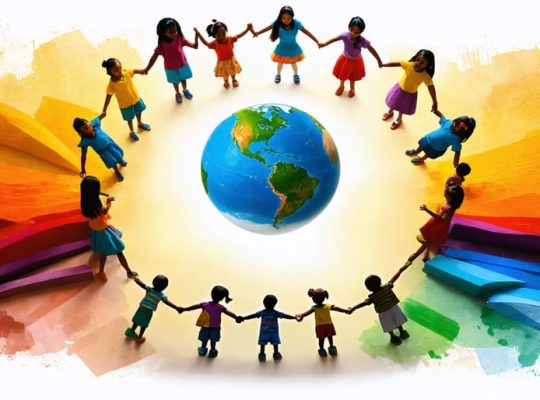 Diverse group of children holding hands around a globe, symbolizing cultural competence and inclusion in children's mental health care and education.