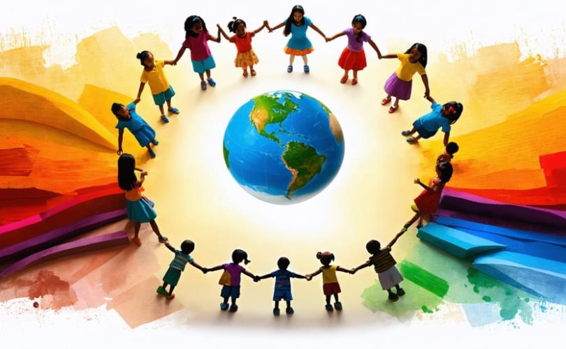 Diverse group of children holding hands around a globe, symbolizing cultural competence and inclusion in children's mental health care and education.