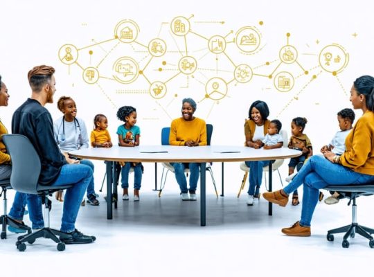 "Illustration of a diverse group of families and a healthcare provider engaging in cooperative dialogue around a table, with symbols of trust and communication overhead."