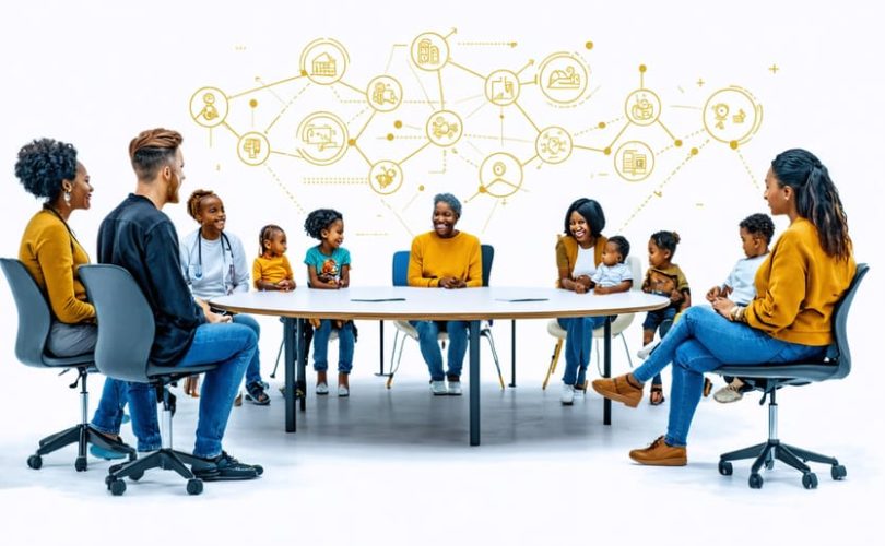 "Illustration of a diverse group of families and a healthcare provider engaging in cooperative dialogue around a table, with symbols of trust and communication overhead."