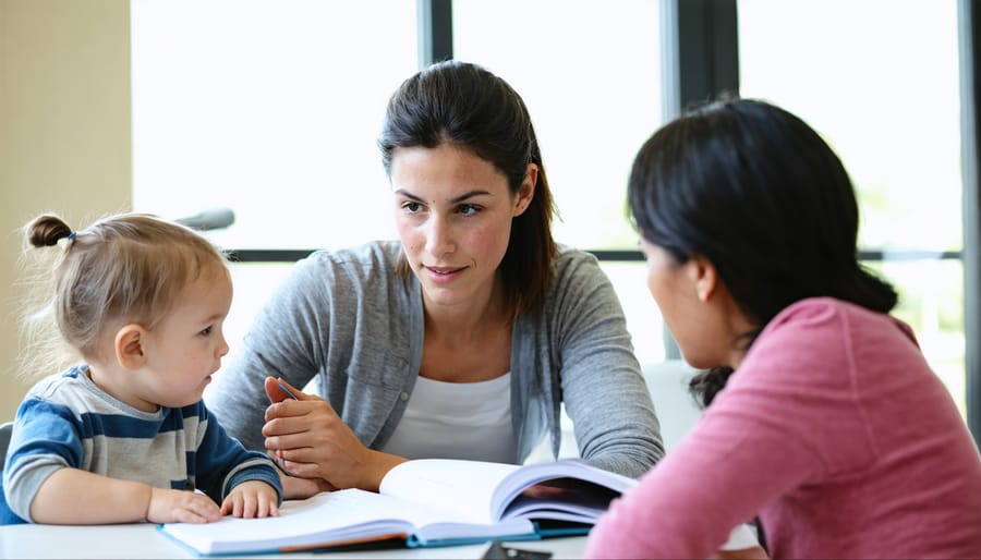 Social worker and homeless family reviewing documentation at a desk in supportive housing facility