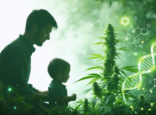 A parent and child observing a cannabis plant surrounded by molecular symbols, symbolizing the intersection of natural remedies and scientific research in exploring CBD oil for children's mental health.