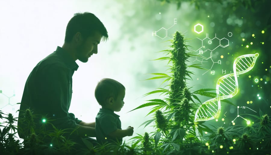 A parent and child observing a cannabis plant surrounded by molecular symbols, symbolizing the intersection of natural remedies and scientific research in exploring CBD oil for children's mental health.