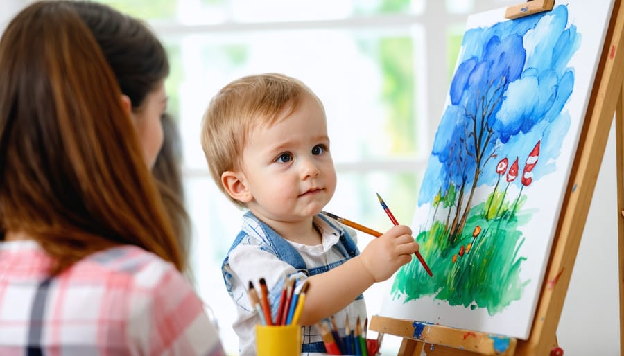 Young child expressing themselves through painting while an art therapist provides gentle guidance