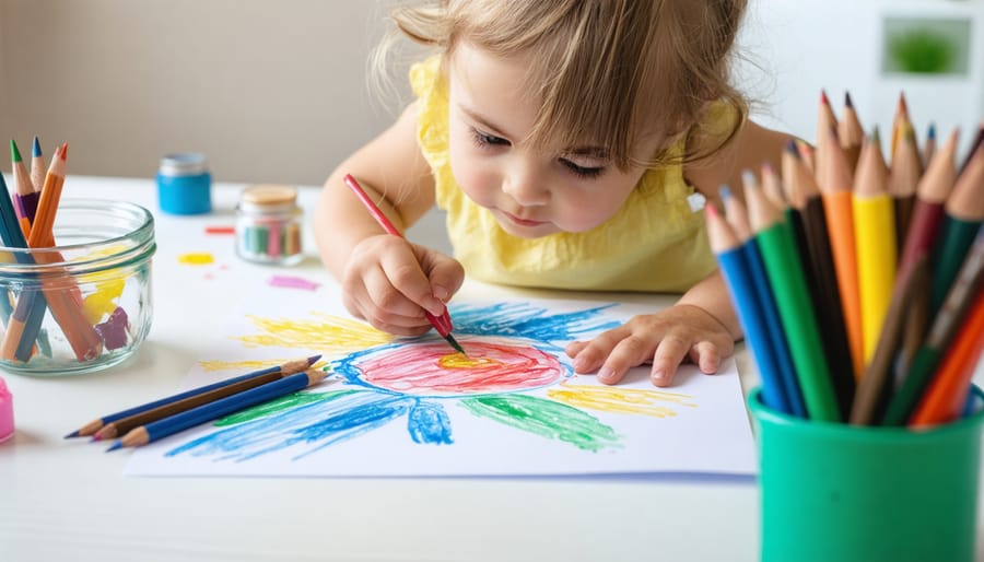 Young child engaged in therapeutic art making with paint, brushes, and paper