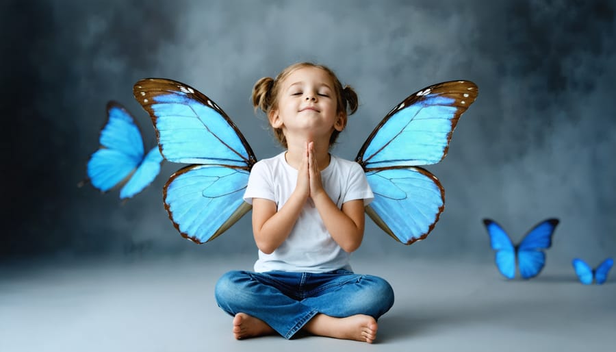 Young child practicing mindful butterfly breathing exercise in a peaceful setting