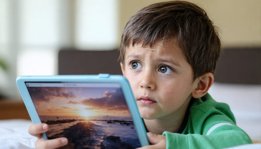 Young child with concerned expression viewing climate news on digital device