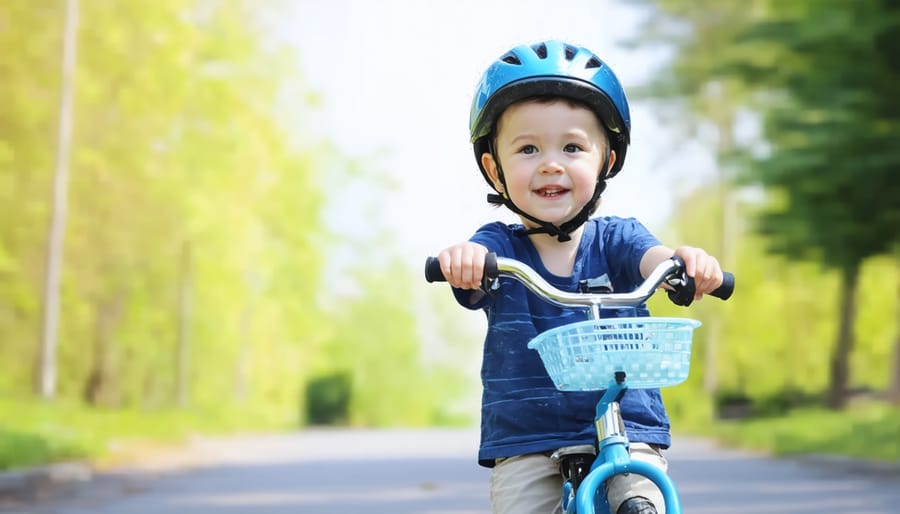 Five-year-old child showing confidence while learning to ride a bicycle