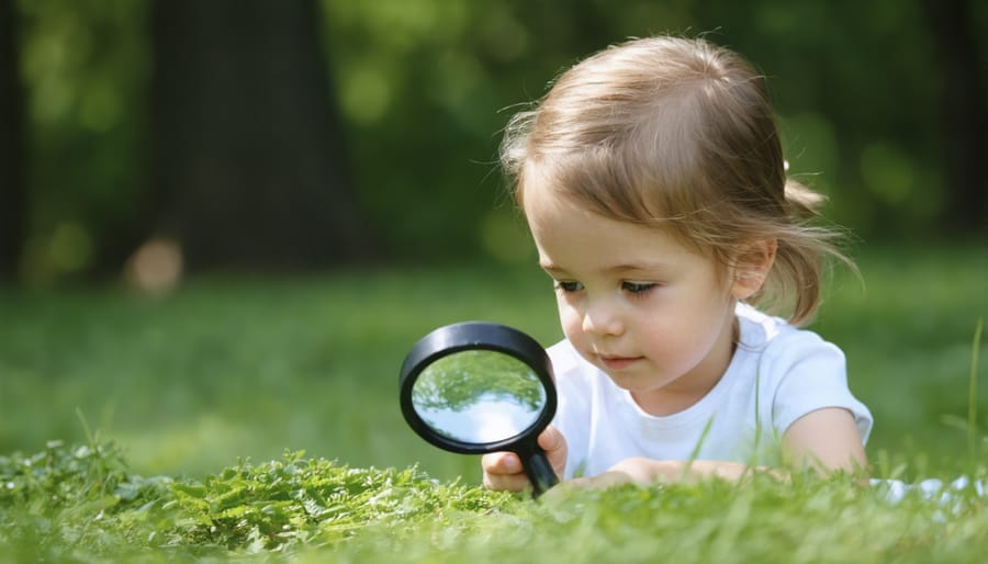 Child examining leaves and flowers with a magnifying glass, showing mindful curiosity