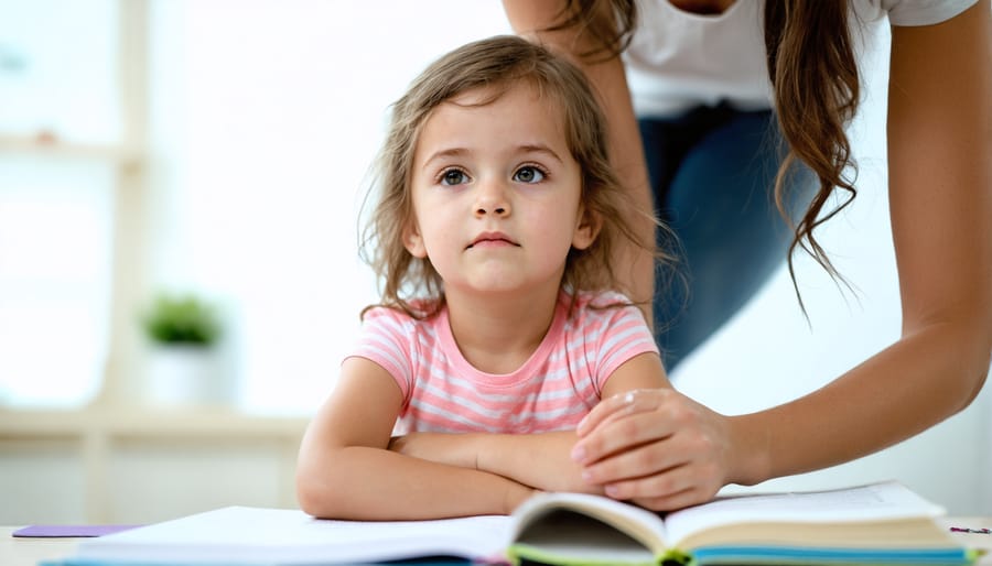 Young child and adult doing calm breathing exercises together in a peaceful setting