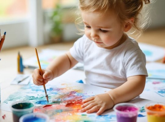 "Child enthusiastically painting with watercolors at a table filled with diverse art materials, symbolizing the healing process through creative expression."