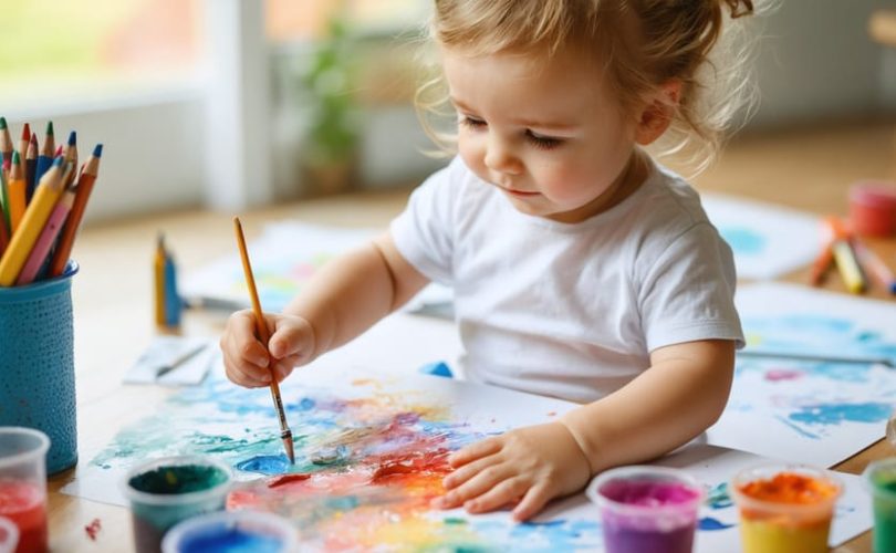 "Child enthusiastically painting with watercolors at a table filled with diverse art materials, symbolizing the healing process through creative expression."