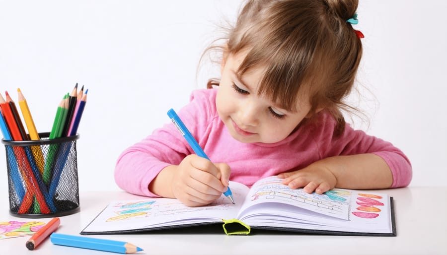 Young child engaging with an early intervention journal featuring emotion tracking stickers and creative spaces