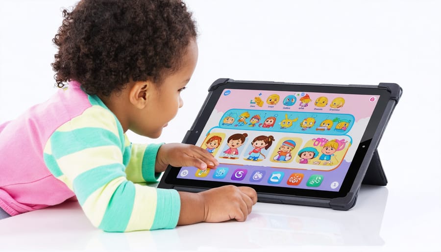 Young child using an interactive mental health learning app featuring animated emotion characters