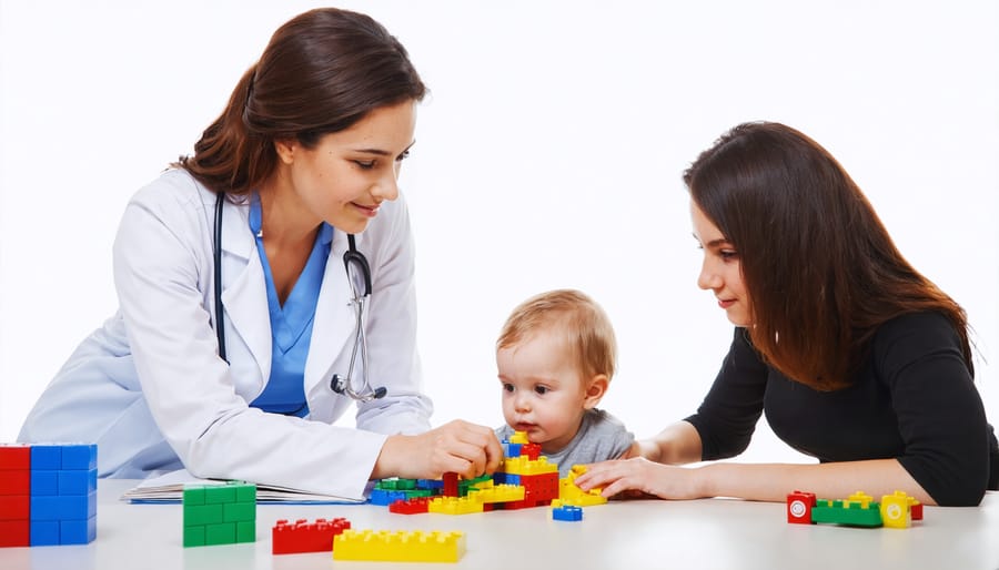 Mental health professional conducting play therapy with a child as parent participates