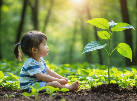 A young child sitting peacefully in a green garden beside a newly planted sapling, symbolizing hope and positive action in the context of climate change.