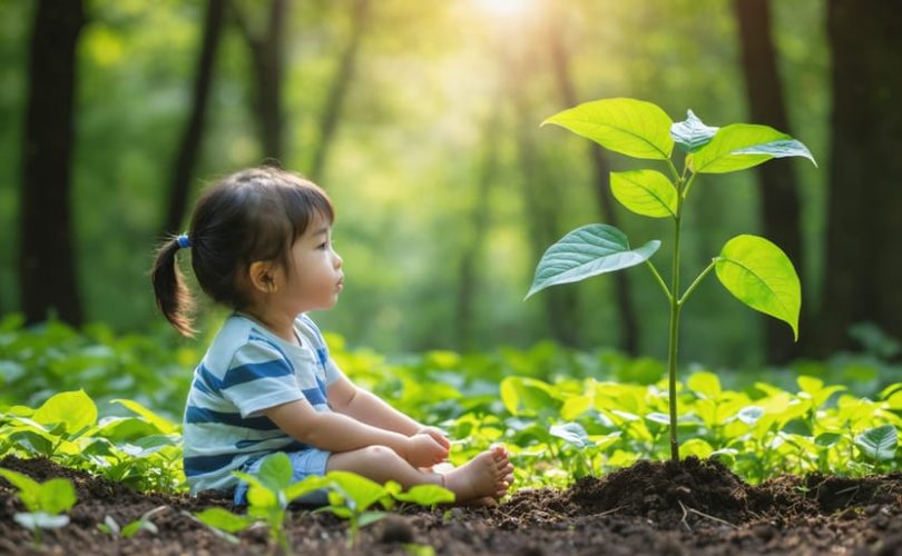 A young child sitting peacefully in a green garden beside a newly planted sapling, symbolizing hope and positive action in the context of climate change.