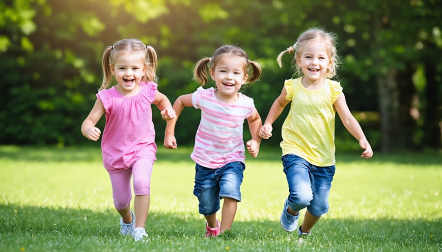 Diverse group of children laughing while playing an active game together