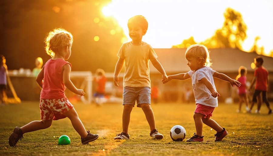 Group of children running and playing in a park during early evening