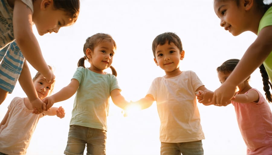 Group of diverse children participating in the friendship light meditation exercise