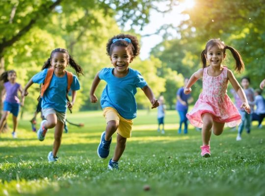 Enthusiastic children of different backgrounds playing sports and dancing in a park, symbolizing the benefits of physical activity on mental health.