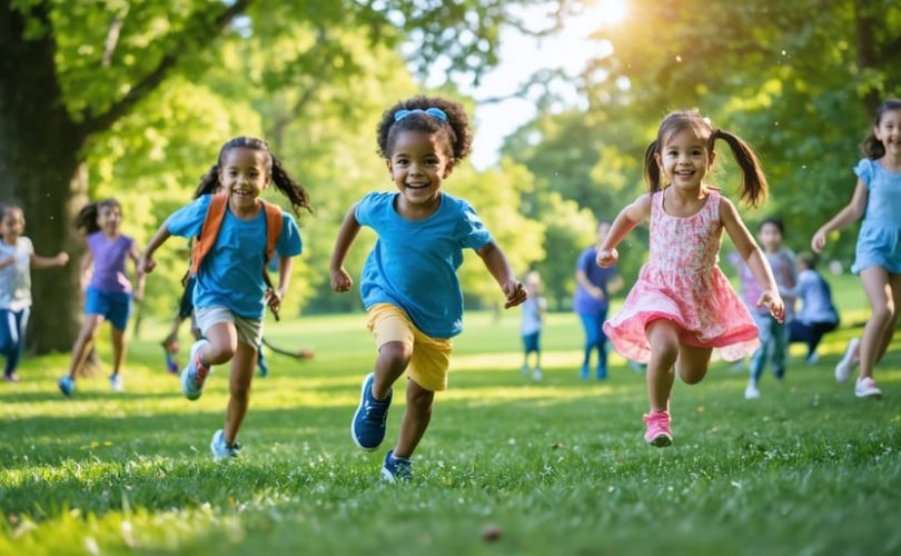 Enthusiastic children of different backgrounds playing sports and dancing in a park, symbolizing the benefits of physical activity on mental health.