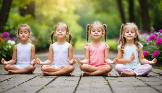 Children practicing mindfulness exercises in a peaceful garden setting, engaging in butterfly breathing with serene expressions.