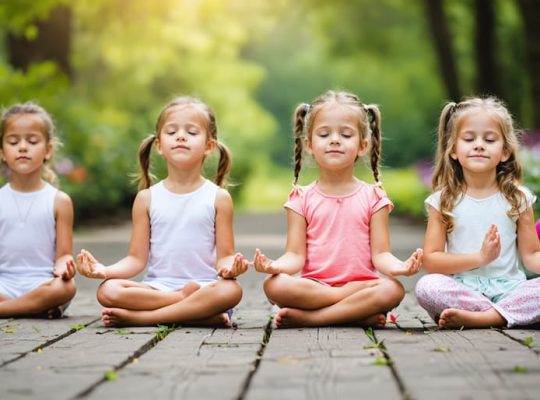 Children practicing mindfulness exercises in a peaceful garden setting, engaging in butterfly breathing with serene expressions.