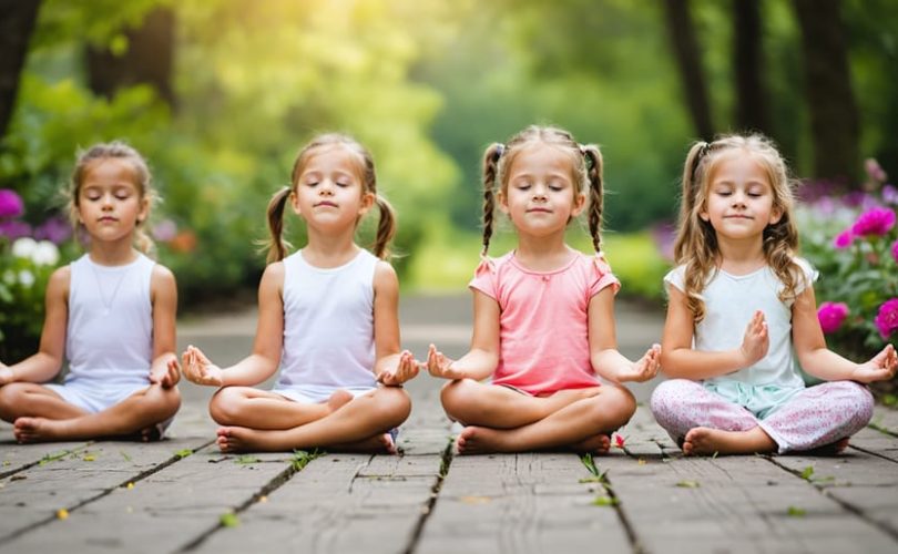 Children practicing mindfulness exercises in a peaceful garden setting, engaging in butterfly breathing with serene expressions.