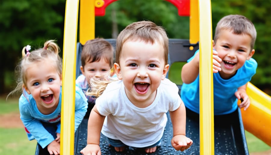 Happy children climbing and playing on colorful playground equipment, demonstrating active social interaction