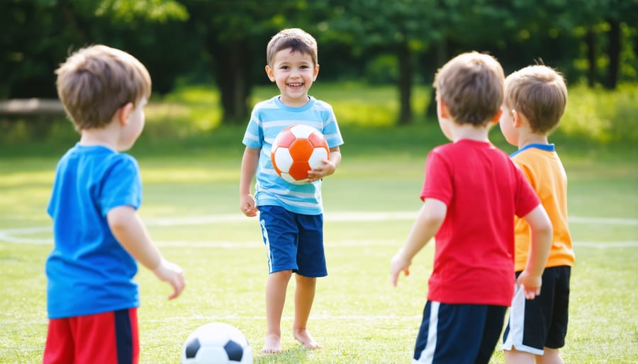 Diverse group of children playing soccer together, demonstrating teamwork and social engagement