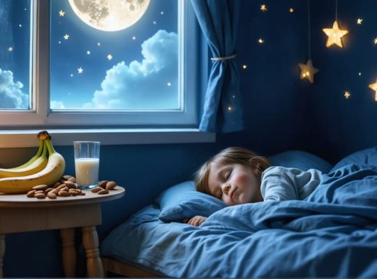 A peaceful child's bedroom at night with moonlight highlighting sleep-promoting foods like bananas, almonds, and milk beside a sleeping child.