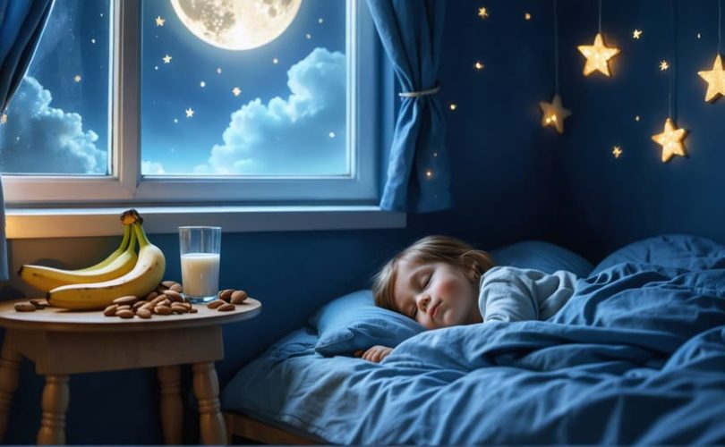 A peaceful child's bedroom at night with moonlight highlighting sleep-promoting foods like bananas, almonds, and milk beside a sleeping child.