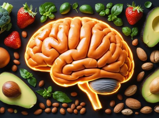 Illustrated brain with vibrant fruits, vegetables, and fish highlighting their crucial role in supporting mental well-being for children.