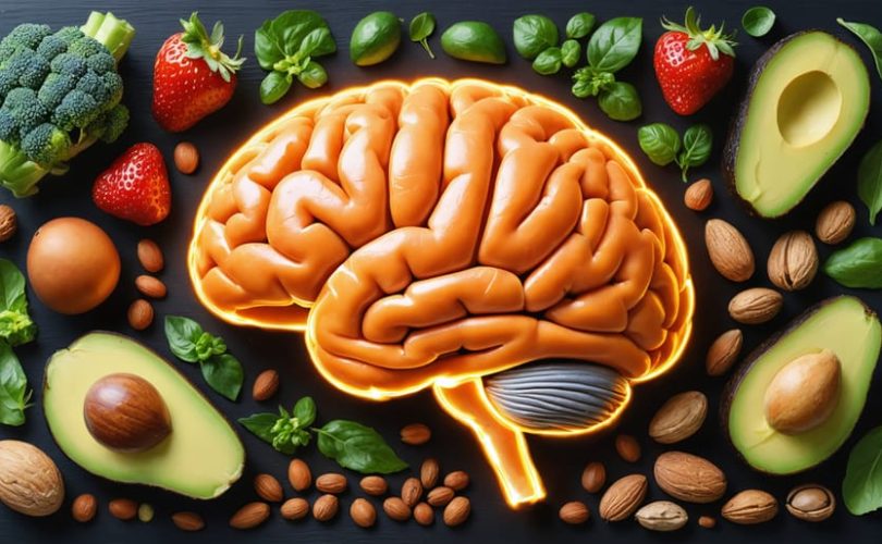 Illustrated brain with vibrant fruits, vegetables, and fish highlighting their crucial role in supporting mental well-being for children.