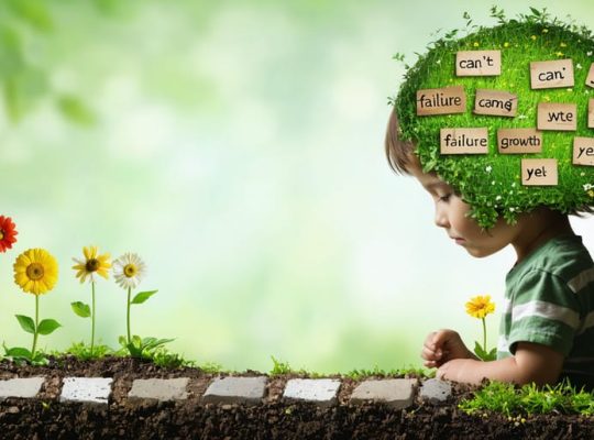 Conceptual illustration of a child's mind as a garden, where weeds labeled with negative words are being removed and replaced with flowers labeled with positive words, symbolizing the transformation from negative to positive self-talk.