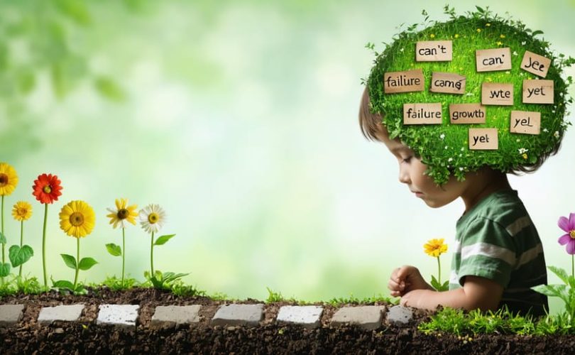 Conceptual illustration of a child's mind as a garden, where weeds labeled with negative words are being removed and replaced with flowers labeled with positive words, symbolizing the transformation from negative to positive self-talk.