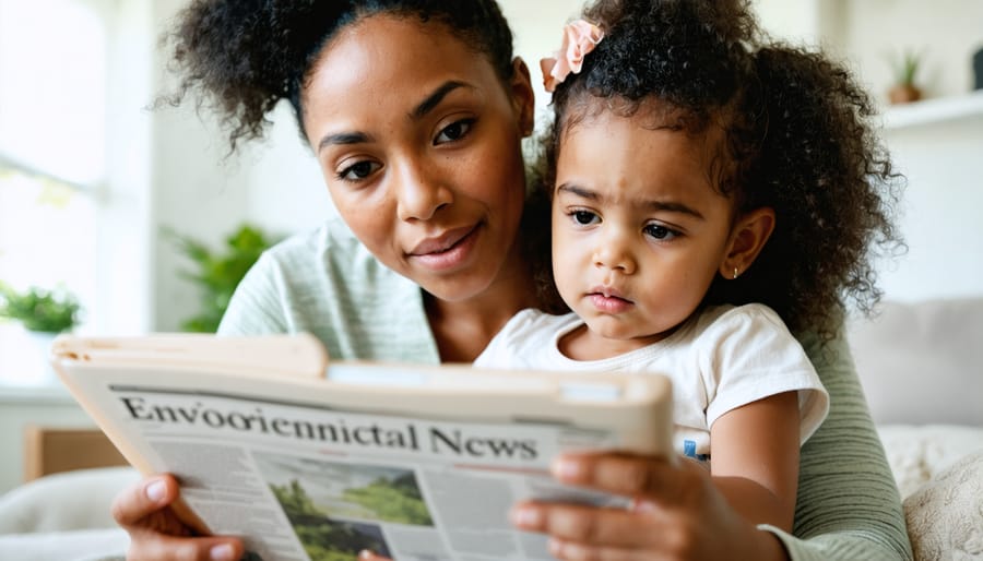 Parent helping child understand climate news on digital device