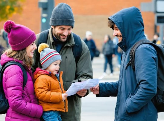 Compassionate outreach worker engaging with a homeless mother and her children, offering support and resources in an urban street setting.