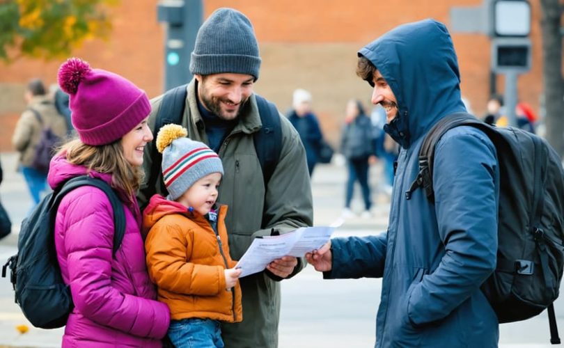 Compassionate outreach worker engaging with a homeless mother and her children, offering support and resources in an urban street setting.