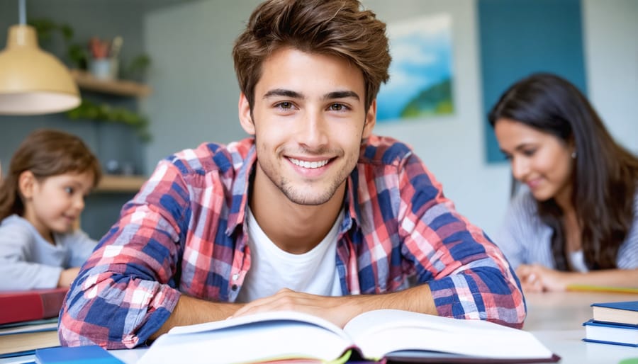 Confident student studying at home with supportive family nearby