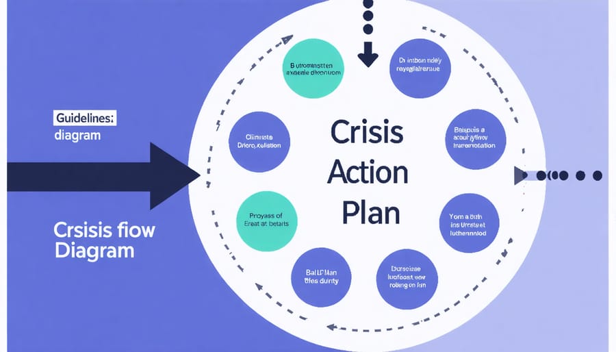 Circular diagram showing steps for crisis management: immediate response, coping strategies, and long-term support