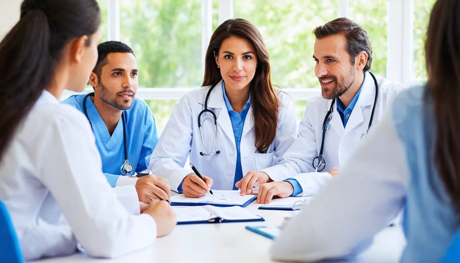 Healthcare professionals from different disciplines discussing a patient case during a team meeting