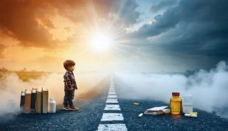 A young child stands at a crossroads symbolizing life choices, with paths leading to positive education symbols and darkened substance symbols, highlighting the theme of informed decision-making in substance abuse prevention.