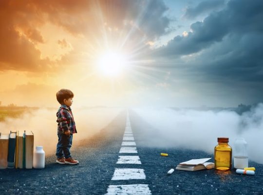 A young child stands at a crossroads symbolizing life choices, with paths leading to positive education symbols and darkened substance symbols, highlighting the theme of informed decision-making in substance abuse prevention.