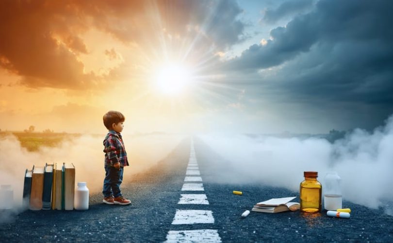 A young child stands at a crossroads symbolizing life choices, with paths leading to positive education symbols and darkened substance symbols, highlighting the theme of informed decision-making in substance abuse prevention.