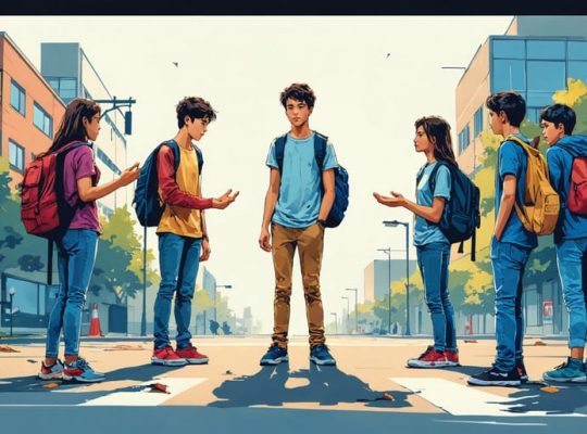 Conceptual illustration of a teenager at a crossroads between peers offering substances and supportive adults, symbolizing the choices and challenges of peer pressure.