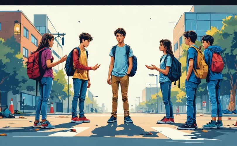 Conceptual illustration of a teenager at a crossroads between peers offering substances and supportive adults, symbolizing the choices and challenges of peer pressure.